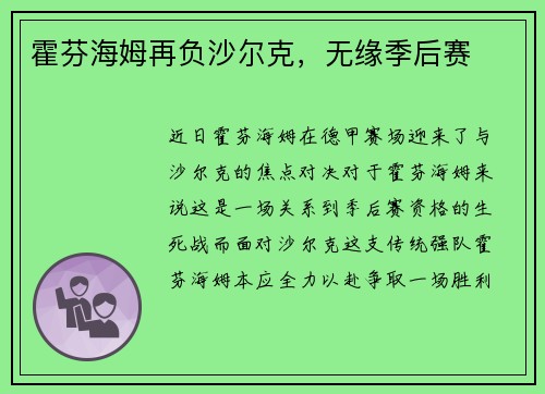 霍芬海姆再负沙尔克，无缘季后赛