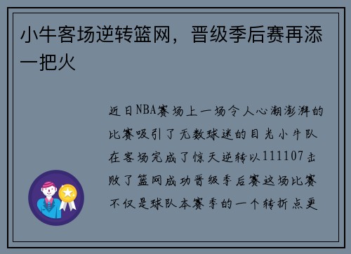 小牛客场逆转篮网，晋级季后赛再添一把火