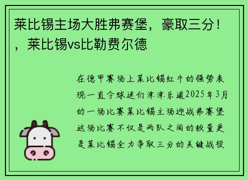 莱比锡主场大胜弗赛堡，豪取三分！，莱比锡vs比勒费尔德
