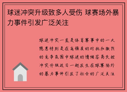 球迷冲突升级致多人受伤 球赛场外暴力事件引发广泛关注